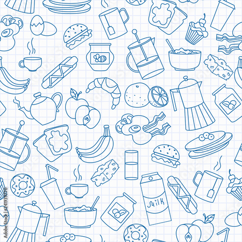 Seamless pattern on theme of food and breakfast , simple contour icons,blue  contour  icons on the clean writing-book sheet in a cage background