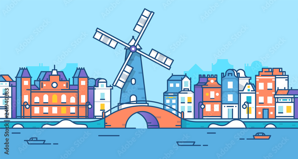Banner of Amsterdam city in flat line trendy style. Amsterdam city line art. European city. Old town. The city of mill 2