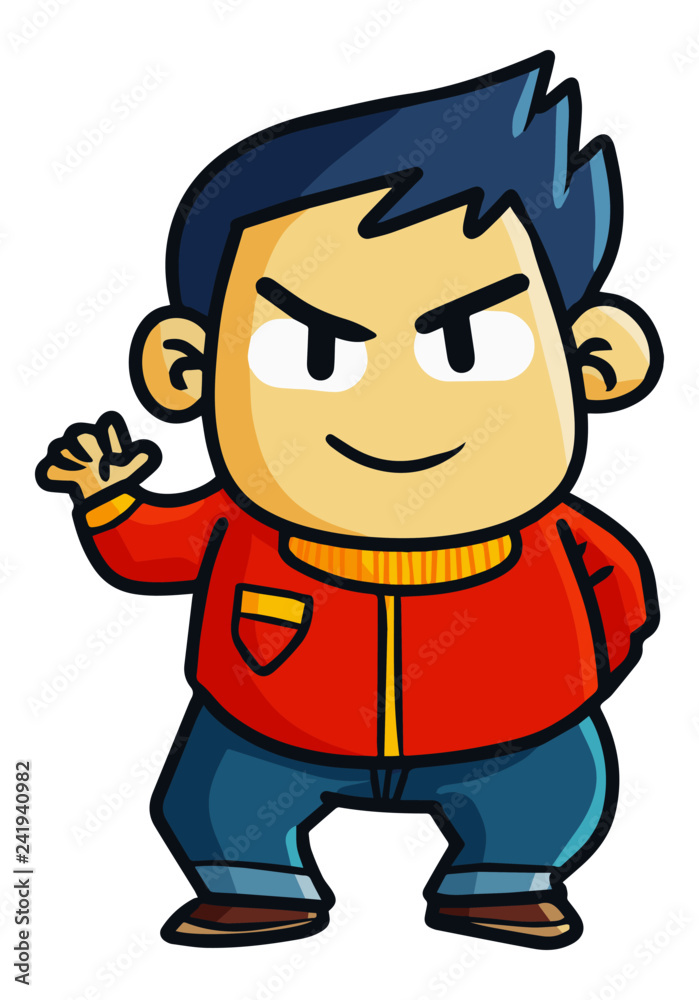 Funny and cute man with red jacket waving his hand - vector