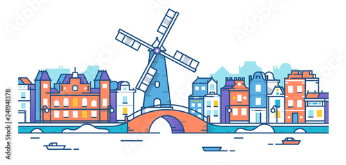 Banner of Amsterdam city in flat line trendy style. Amsterdam city line art. European city. Old town. The city of mill. City landscape. Flat design style.