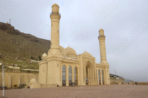 Restored Shiite mosque Bibi-Eybat on a cloudy January morning. Baku, Azerbaijan