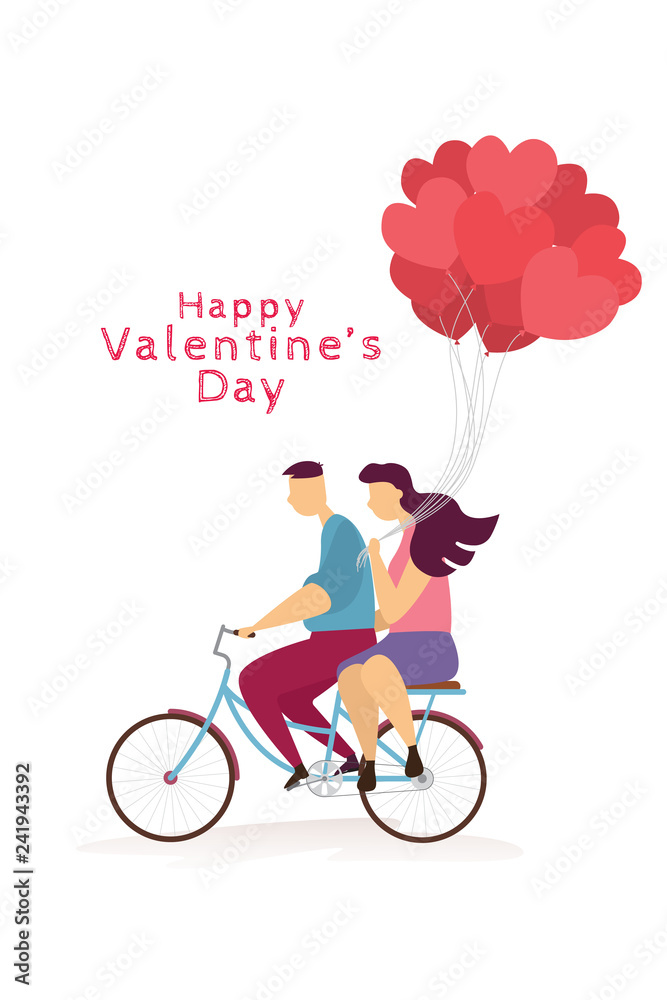 Happy couple lovely is riding a bicycle and Heart balloons in Valentine's day festival. Vector illustration