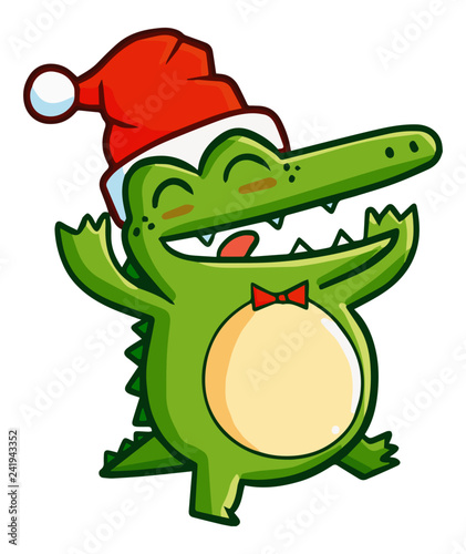 Funny and cute fat alligator smiling, dancing happily, and wearing Santa's hat for christmas - vector.
