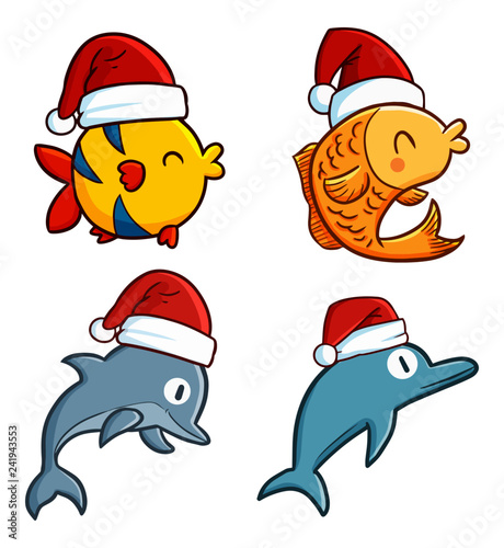 Cute and funny small fish & dolphins wearing Santa's hat for christmas celebration - vector