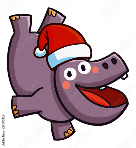 Cute and funny hippo wearing Santa's hat for christmas, and doing acrobatic pose - vector