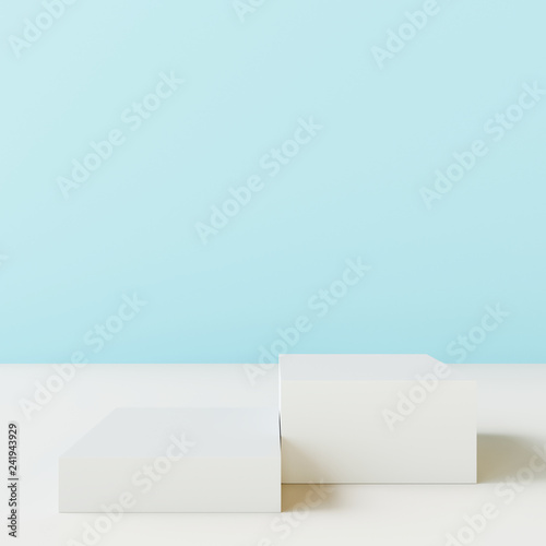 Blank product stand with blue wall. 3d rendering