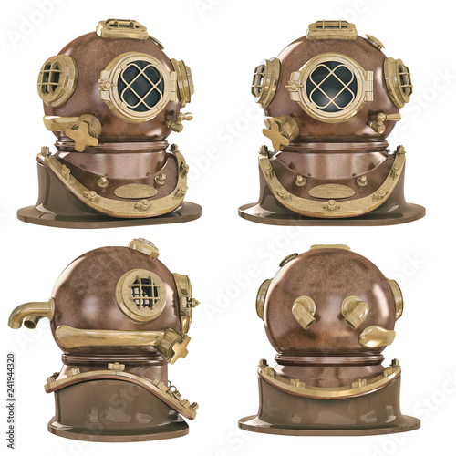 Old fashioned diving helmet from different angles isolated on white WW2  USA 3d illustration