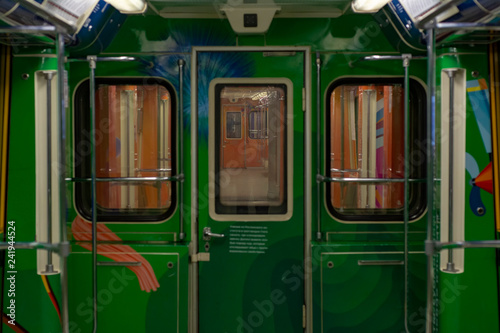 Moscow, RU, 30.09.2018: Empty, originally decorated subway car in Moscow