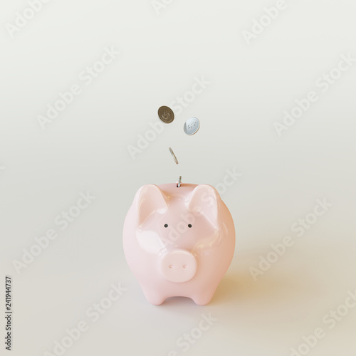 Pink piggy bank with coins on white bright background. 3d rendering