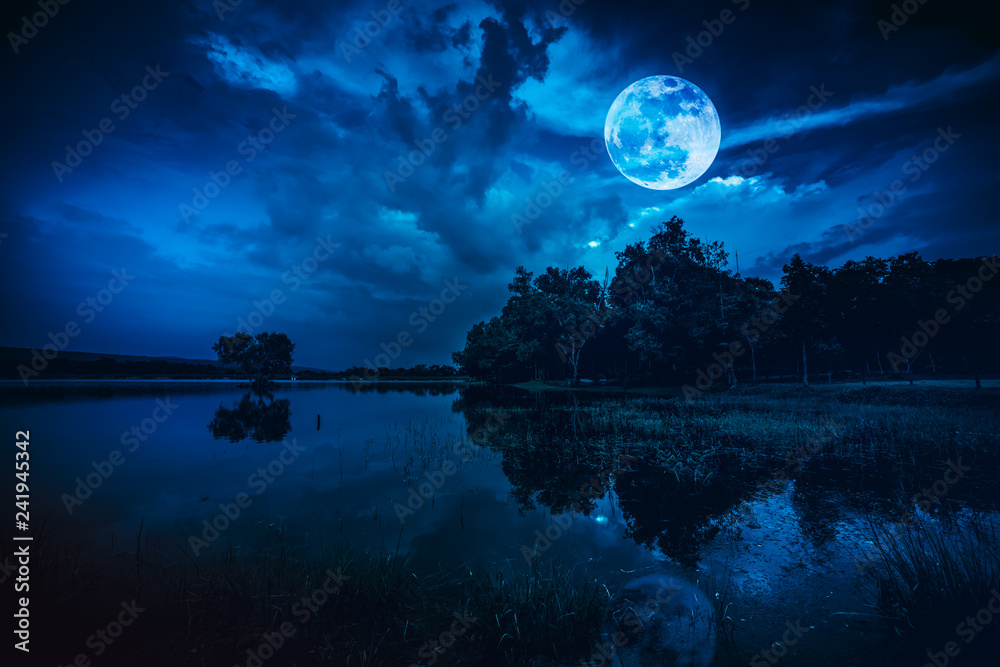 Naklejka premium Beautiful full moon and cloudy on blue sky above silhouettes of trees, lake area.
