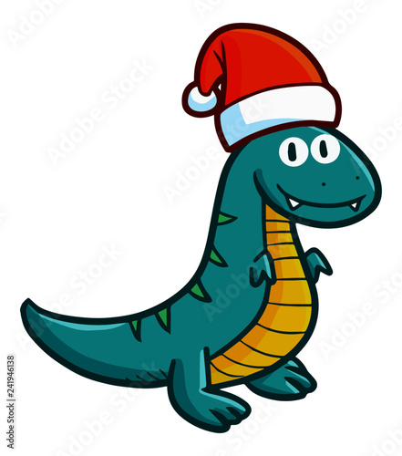 Funny and cute green T-Rex smiling and wearing Santa s hat for christmas