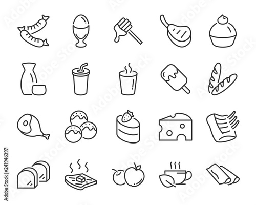 set of food icons, such as cooking, cheese, bread, meat, sweet, cake