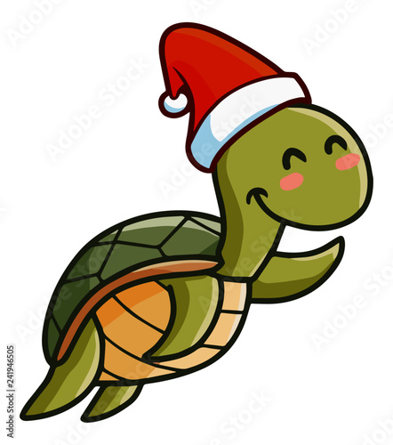 Funny and cute green turtle swimming, smiling happily, and wearing Santa's hat for christmas - vector