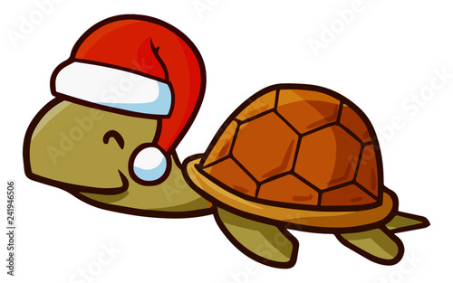 Cute and funny brown turtle smiling and wearing Santa's hat for christmas - vector