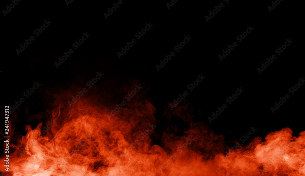 Fire fog and mist effect on isolated black background for text or space 