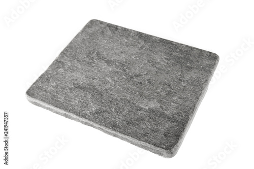 Slate tile isolated on white background. Grey stone brick plate frame.