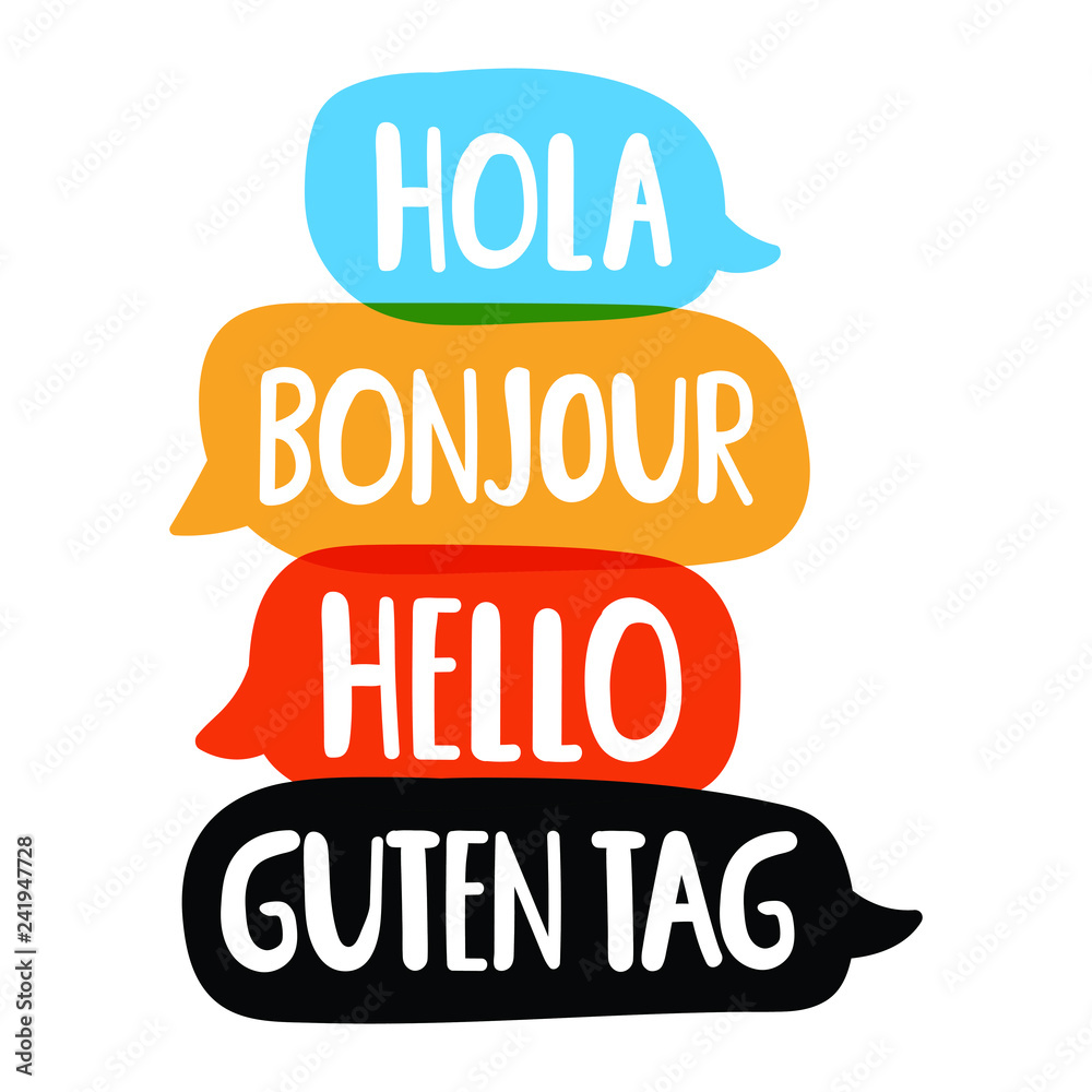 Hola, guten tag, bonjour, hello. Social network or bilingual translation  concept. Vector hand drawn, lettering illustration on white background.  Stock Vector | Adobe Stock