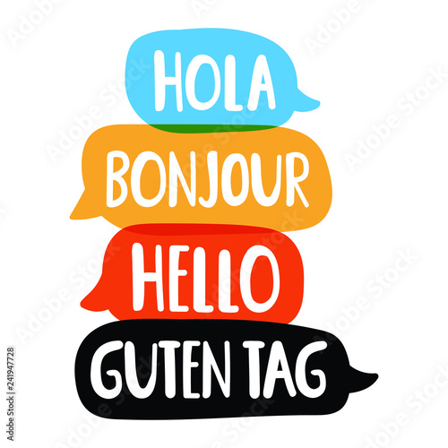 Hola, guten tag, bonjour, hello. Social network or bilingual translation concept. Vector hand drawn, lettering illustration on white background.
