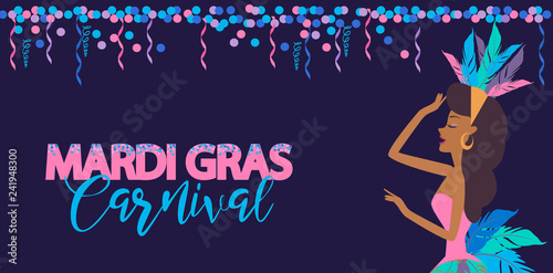 Mardi Gras Carnival poster template with Brazilian samba dancer. Carnival in Rio de Janeiro with girls wearing a festival costume. Editable vector illustration