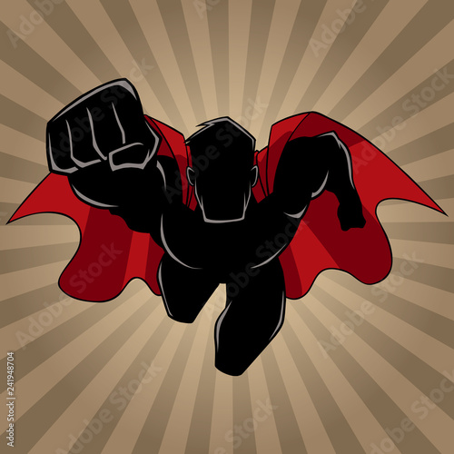 Front view silhouette illustration of determined and powerful superhero wearing red cape while flying over abstract ray light background.