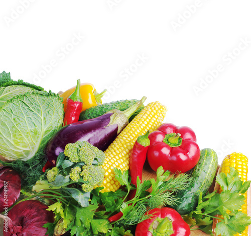 A variety of delicious vegetables. Copy space. Isolated on white