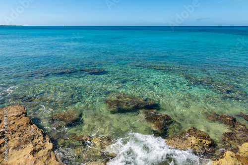 Caribbean Sea, blue ocean and rocks at the coastline of St Croix, U.S. Virgin Islands
