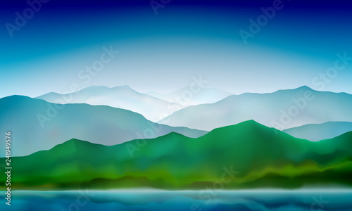 Mountain lake landscape  colorful nature background. Blue mountain green hills landscape. Vector background.