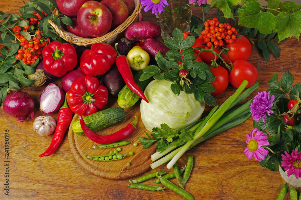 A variety of delicious vegetables on the kitchen board. Copy space. A variety of delicious vegetables on the kitchen board. Copy space.