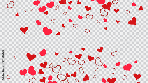 Red on Transparent fond Vector. Light background. A sample of wallpaper design, textiles, packaging, printing, holiday invitation for Valentine's Day. Red hearts of confetti crumbled.