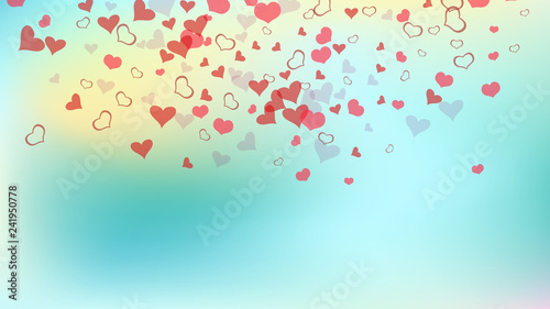 Red on Gradient fond Vector. Festive background. Part of the design of wallpaper, textiles, packaging, printing, holiday invitation for Valentine's Day. Red hearts of confetti are flying.