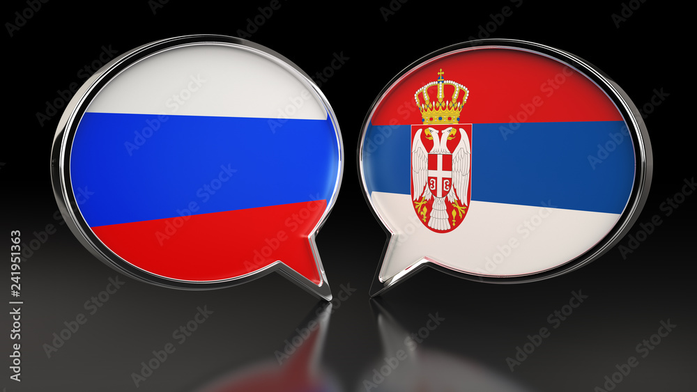 Russia and Serbia flags with Speech Bubbles. 3D illustration Russia and Serbia flags with Speech Bubbles. 3D illustration