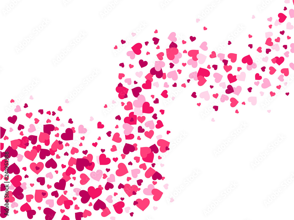 Hearts confetti wave. Love stream, scattering confetti splash flow and glamour romantic heart valentines vector background