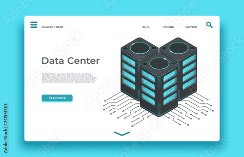 Data center landing page. Isometric servers vector design