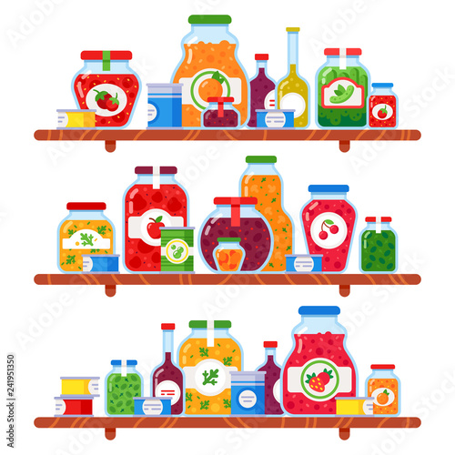 Canned food shelf. Preserved peas, meal on store shelves and conserved vegetables culinary products isolated vector illustration