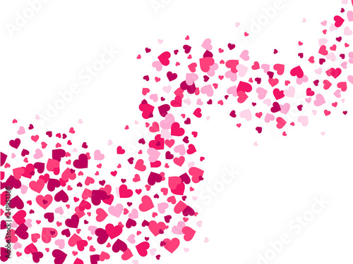 Hearts confetti wave. Love stream, scattering confetti splash flow and glamour romantic heart valentines vector background