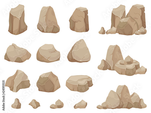 Stone rock. Stones boulder, gravel rubble and pile of rocks cartoon isolated vector set photo