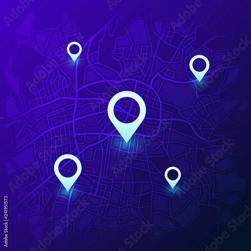 City navigation map. Futuristic gps location navigator, travel maps with pins and navigate street road locator vector concept