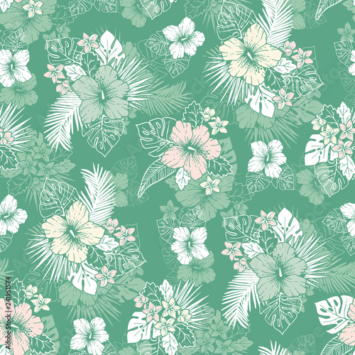 Mint and White Tropical Exotic Foliage and Hibiscus Floral Vector Seamless Pattern. Line Drawing Background.