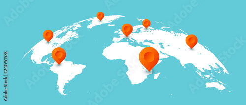 World travel map. Pins on global earth maps, worldwide business communication isolated concept illustration