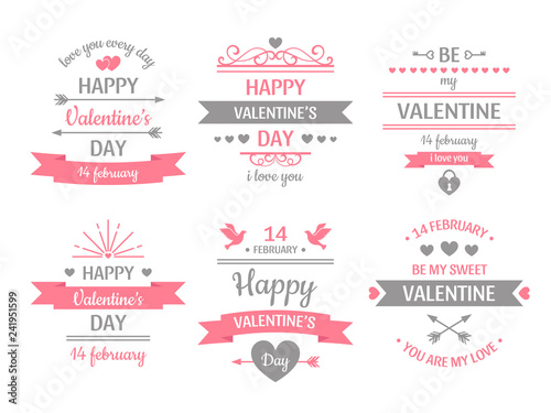 Valentines day label. Vintage valentine card banner, love frame and retro love wishes greeting cards vector illustration set