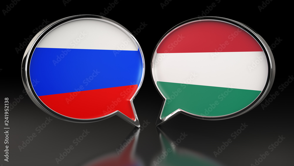 Russia and Hungary flags with Speech Bubbles. 3D illustration