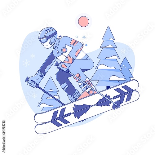 Skier skiing in ski resort.Winter activities rest. Line vector illustration