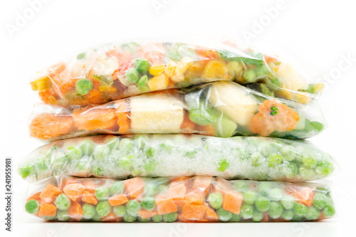 Frozen vegetables in a plastic bag. Healthy food storage concept.