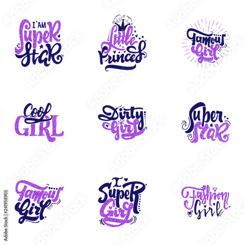Fashion slogans - stickers with glitter. On a white background