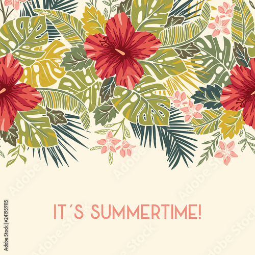 Retro Bold Colorful Tropical Exotic Foliage, Hibiscus Floral Horizontal Vector Seamless Border. Summertime Greting Card.