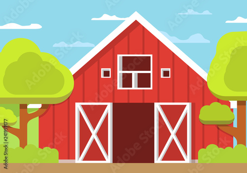 Rural landscape farm. Wooden barn open gate. Flat vector. Concept of design of a poster.