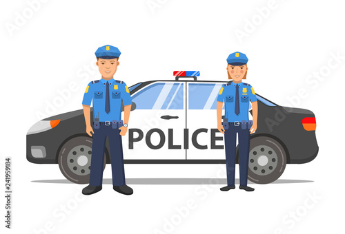 Police officer man and woman cartoon character.Police car sedan side view. Flat illustration vector.Emergency service cop in a uniform.