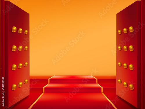 Opened gates with gold and red carpet on stairs. Doors and tapis at eastern castle entrance or chinese temple, japan medieval building. Buddhism pavilion entry. Exit and welcome symbol, asian element