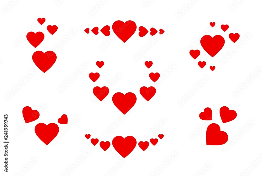 Heart icons set. Symbols of red hearts in different positions. Vector romantic set for greeting cards isolated on white background.