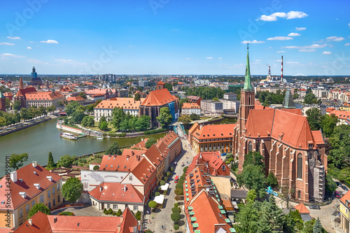 Aerial cityscape of Wroclaw with Cathedral of St. John the Baptist and Oder river, Poland